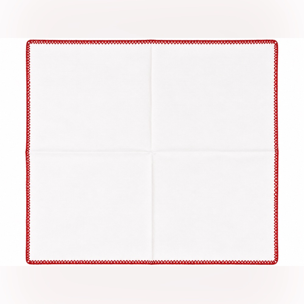 G. Inglese White Cotton Pocket Square with Hand-Rolled Red Contrast Border